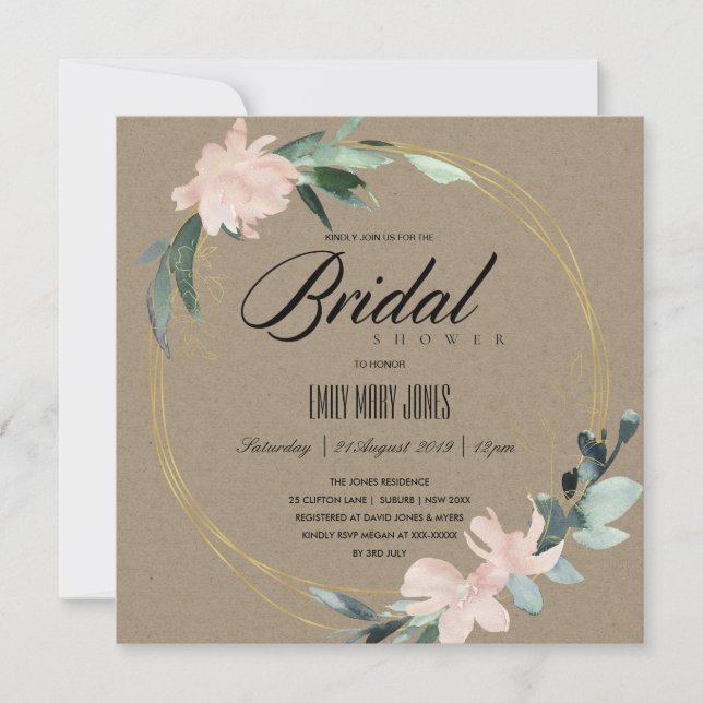 RUSTIC BLUSH FLORAL KRAFT WATERCOLOR BRIDAL SHOWER INVITATION (Front)
