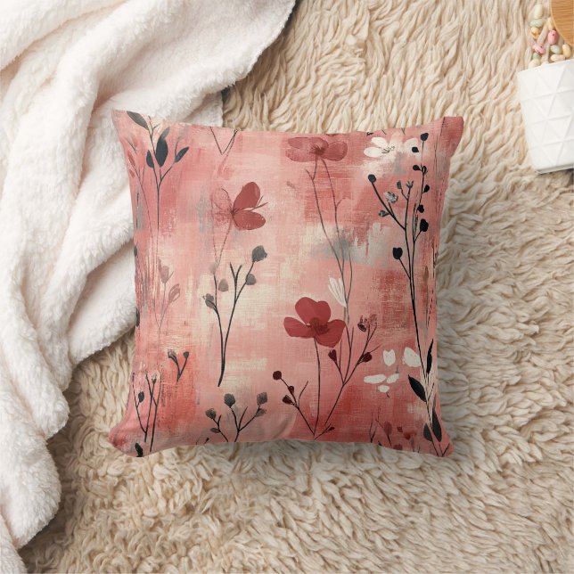 Rustic Blush Floral Linen Pattern (9) Throw Pillow (Blanket)