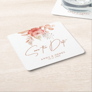 Rustic Blush Floral Romantic Wedding Save the Date Square Paper Coaster