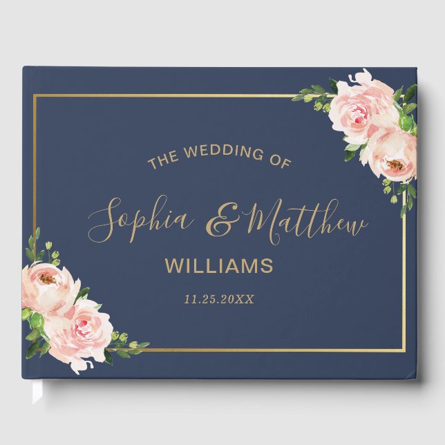 Rustic Blush Floral Roses Greenery Navy Wedding Guest Book (Front)