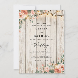 Rustic Blush Floral String Light Wedding Invitation