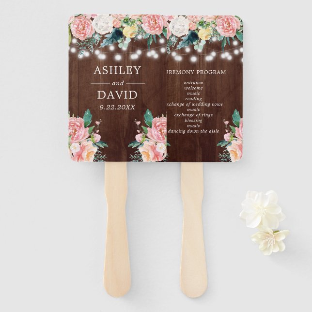 Rustic Blush Floral String Lights Wedding Hand Fan (Front and Back)