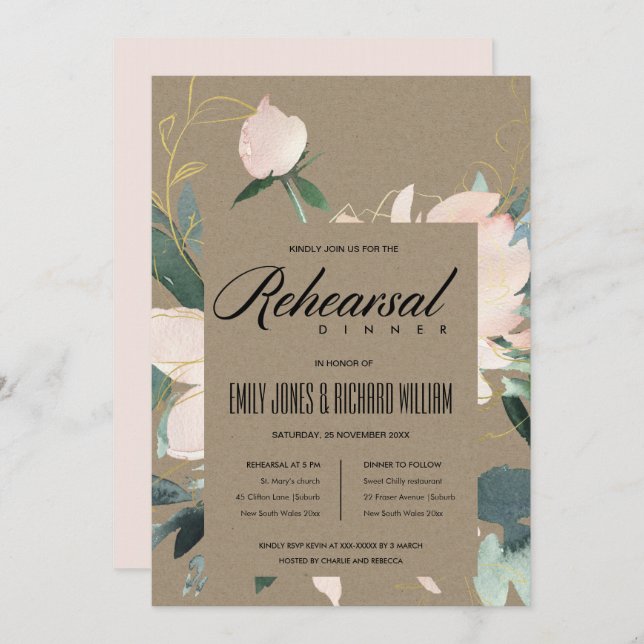 RUSTIC BLUSH FLORAL WATERCOLOR REHEARSAL DINNER INVITATION (Front/Back)