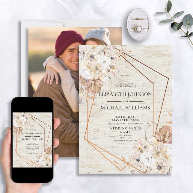 Rustic Blush Geometric Watercolor Floral Photo Invitation (Creator Uploaded)