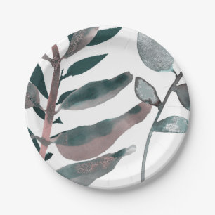 Rustic Blush Greenery Botanical Leaves Watercolor Paper Plate