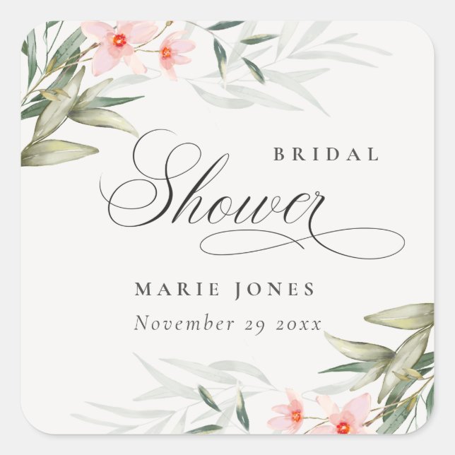 Rustic Blush Greenery Floral Bunch Bridal Shower Square Sticker (Front)