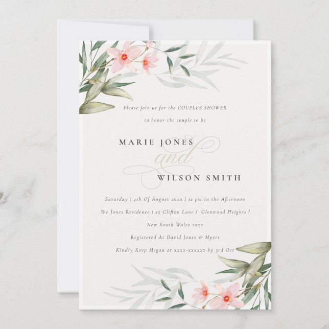 Rustic Blush Greenery Floral Couples Invitation do (Devant)