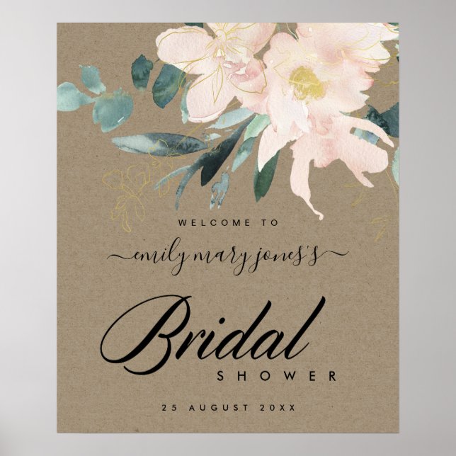 RUSTIC BLUSH KRAFT FLORAL BRIDAL SHOWER WELCOME POSTER (Front)