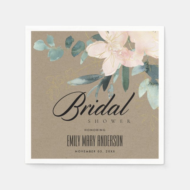 RUSTIC BLUSH KRAFT FLORAL WATERCOLOR BRIDAL SHOWER NAPKIN (Front)