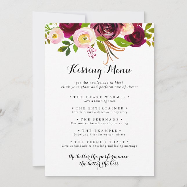 Rustic Blush Mariage Kissing Menu Carte de jeu (Devant)