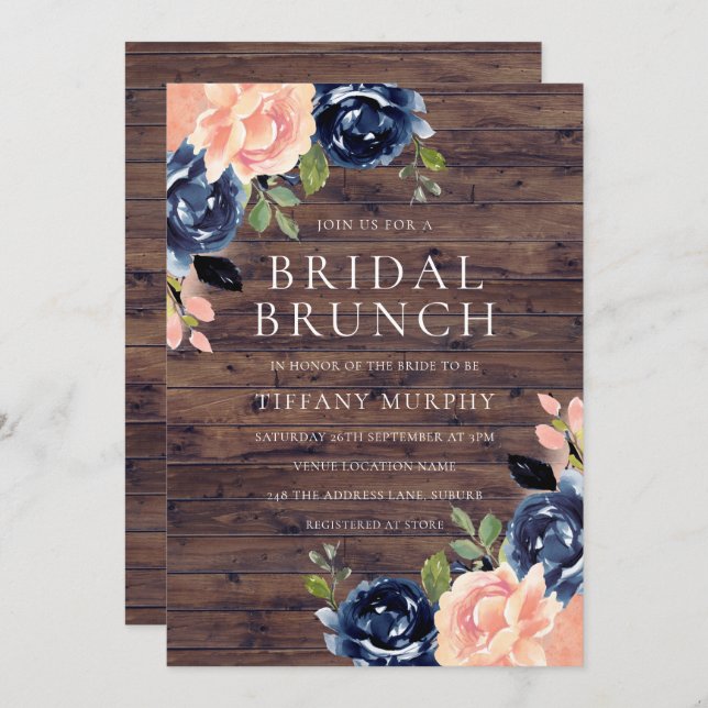 Rustic Blush Navy Blue Floral Bridal Shower Brunch Invitation (Front/Back)