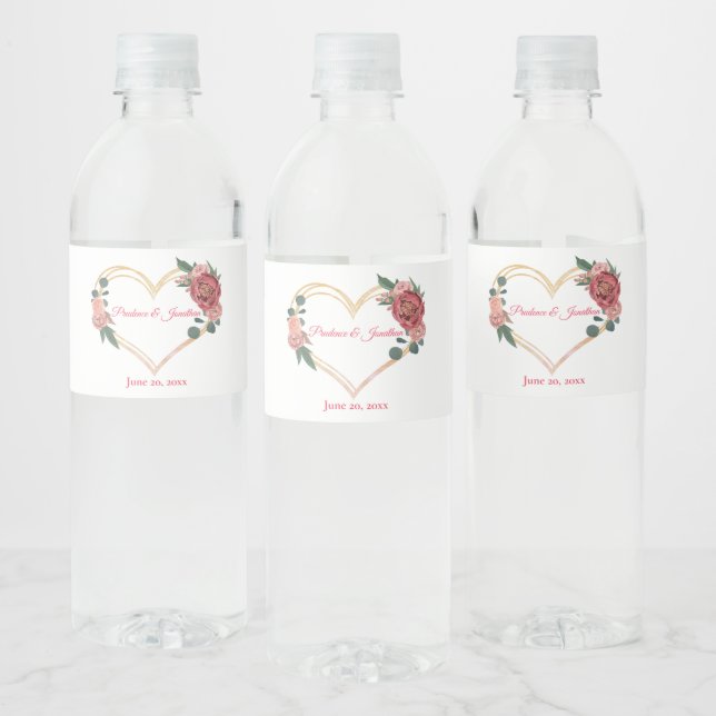 Rustic Blush Peach Boho Roses Elegant Wedding Water Bottle Label (Bottles)