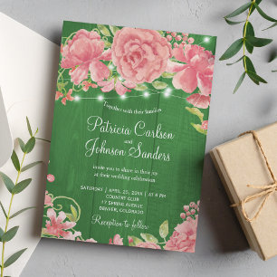 Rustic blush peonies and lights on green barn wood invitation