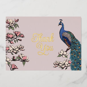 Rustic Blush Pink and Gold Peacock Thank You Card
