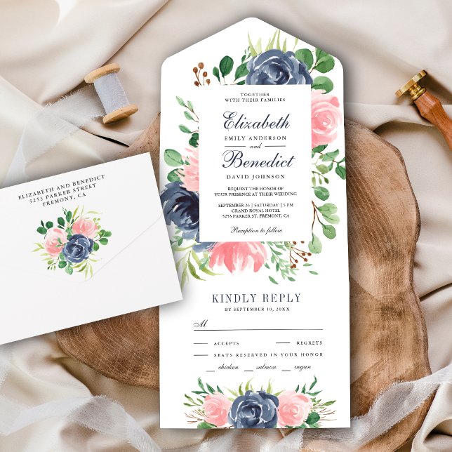 Rustic Blush Pink and Navy Blue Floral Wedding All In One Invitation (Creator Uploaded)