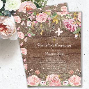 Rustic Blush Pink Floral First Holy Communion Invitation