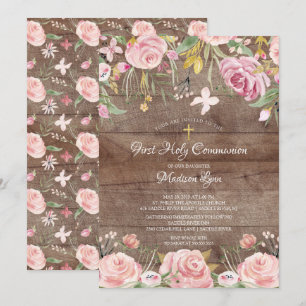 Rustic Blush Pink Floral First Holy Communion Invitation