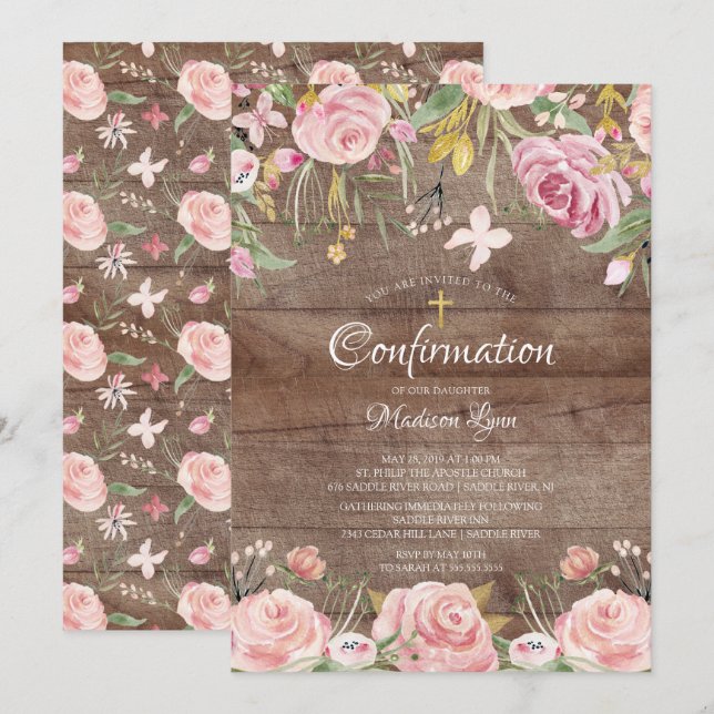 Rustic Blush Pink Floral & Gold Cross Confirmation Invitation (Front/Back)