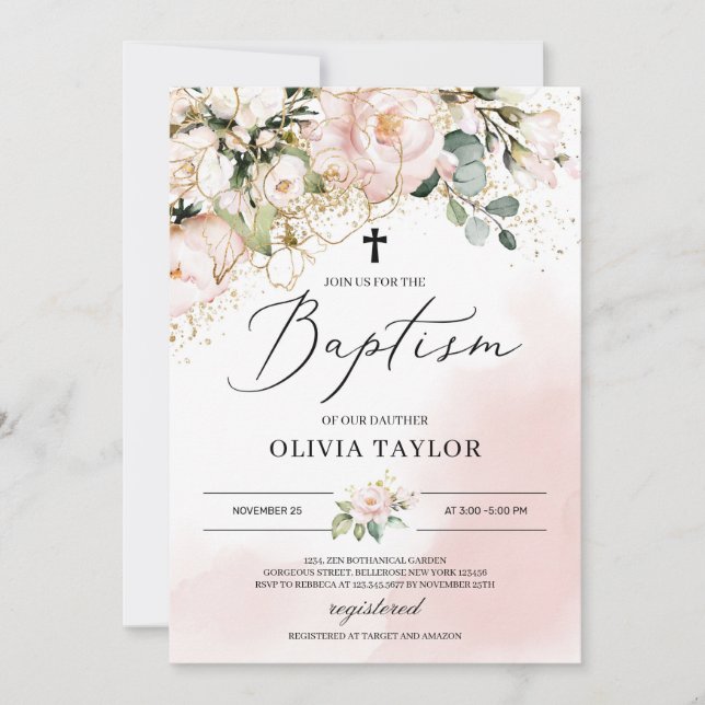 Rustic blush pink floral gold flowers boho baptism invitation (Front)