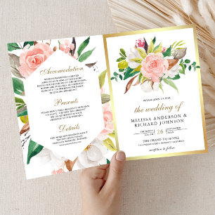 Rustic Blush Pink Floral Gold QR Code Wedding Invitation