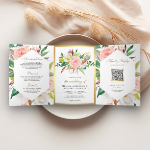 Rustic Blush Pink Floral Gold QR Code Wedding Tri-Fold Invitation