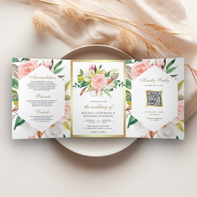 Rustic Blush Pink Floral Gold QR Code Wedding Tri-Fold Invitation (Creator Uploaded)