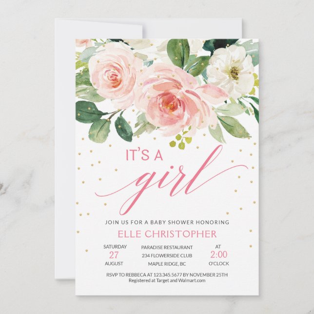 Rustic blush pink floral it's a girl baby shower invitation (Front)