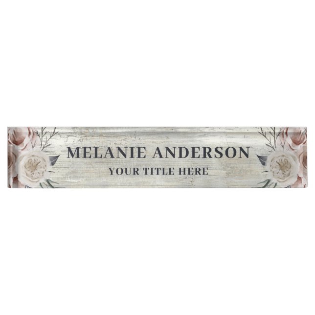 Rustic Blush Pink Floral on Driftwood Teacher's Nameplate (Front)