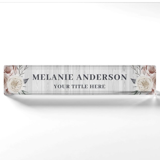 Rustic Blush Pink Floral on White Wood Teachers Nameplate (Front)