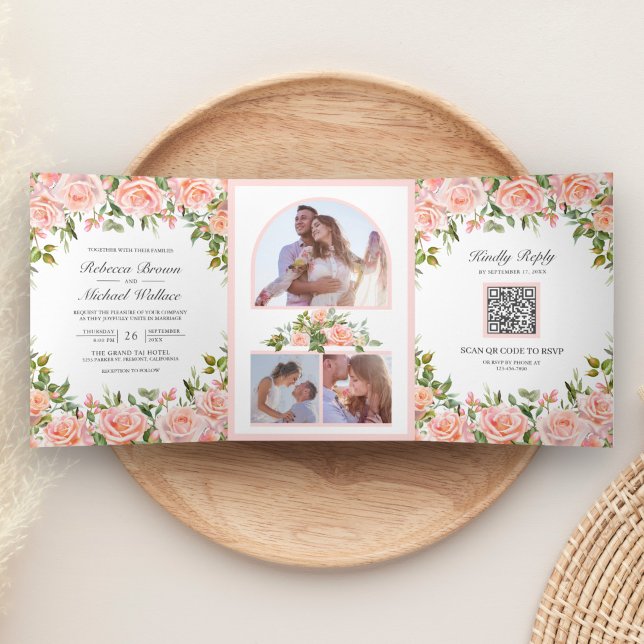 Rustic Blush Pink Floral QR Code Wedding Tri-Fold Invitation (Creator Uploaded)