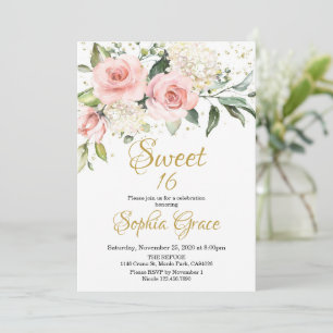 Rustic blush pink floral rose gold sweet sixteen invitation