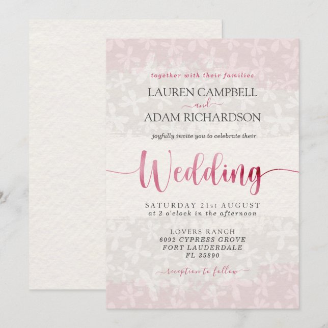 Rustic blush pink floral wedding invitation (Front/Back)