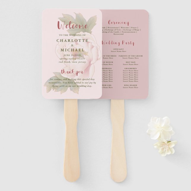 Rustic Blush Pink Floral Wedding Program  Hand Hand Fan (Front and Back)