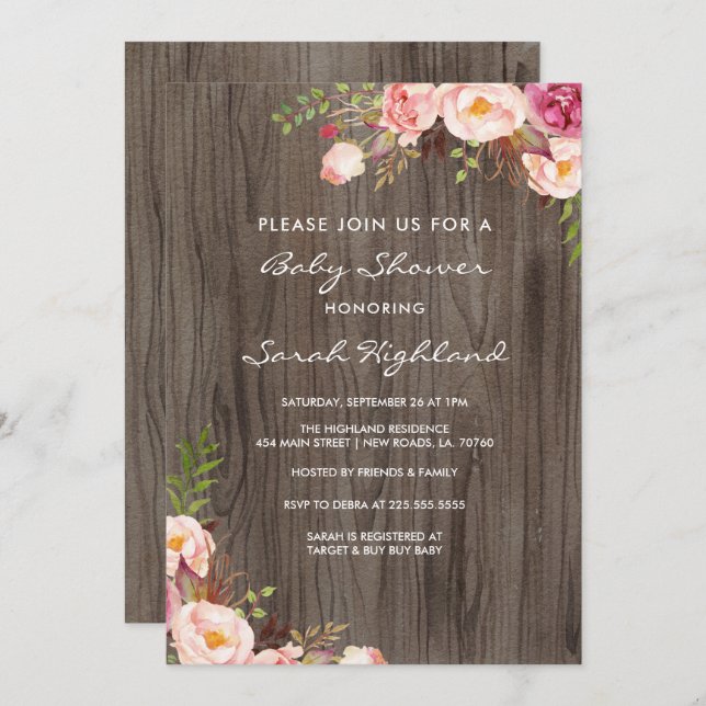 Rustic Blush Pink Flowers Baby Shower Invitation (Front/Back)