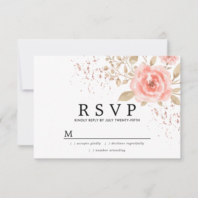 Rustic Blush Pink Gold  Floral Wedding RSVP Card (Front)