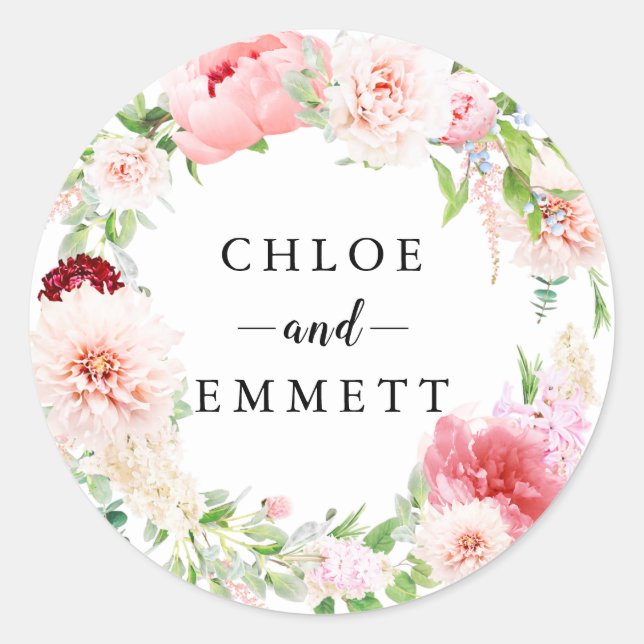 Rustic Blush Pink Peony Wreath Wedding Favour Classic Round Sticker (Front)