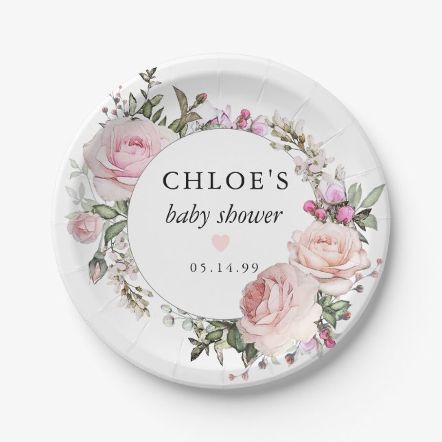 Rustic Blush Pink Rose Floral Baby Shower Paper Plate (Front)