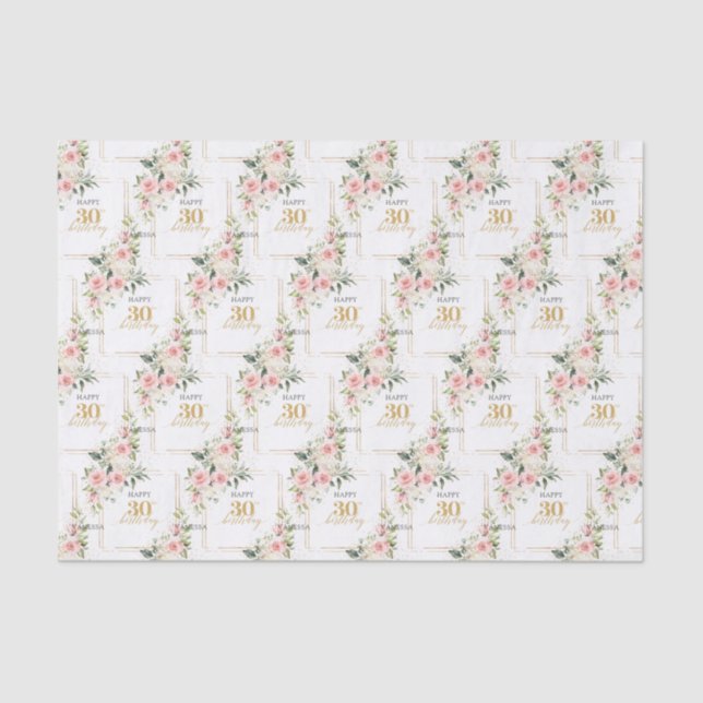 Rustic blush pink roses eucalyptus 30 birthday tissue paper (Front)