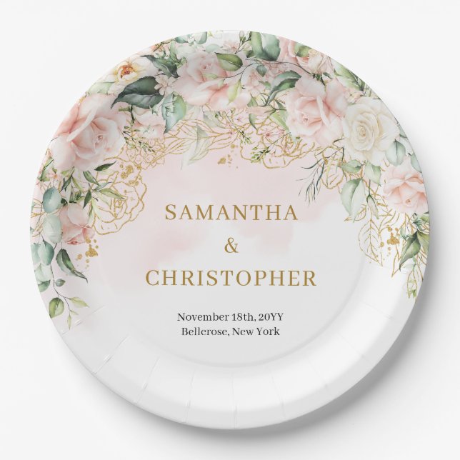 Rustic blush pink roses eucalyptus & gold wedding paper plate (Front)