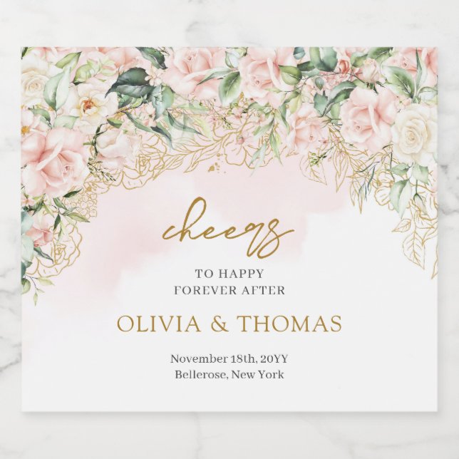 Rustic blush pink roses eucalyptus gold wedding sparkling wine label (Single Label)