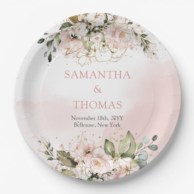Rustic blush pink roses eucalyptus greenery gold paper plate (Front)