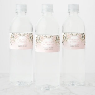 Rustic blush pink roses eucalyptus greenery gold water bottle label