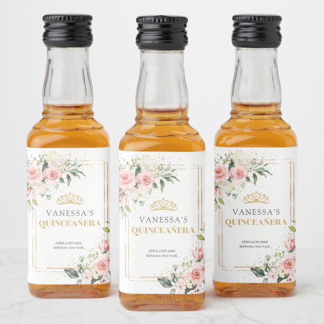 Rustic blush pink roses eucalyptus Quinceañera Liquor Bottle Label (Bottles)