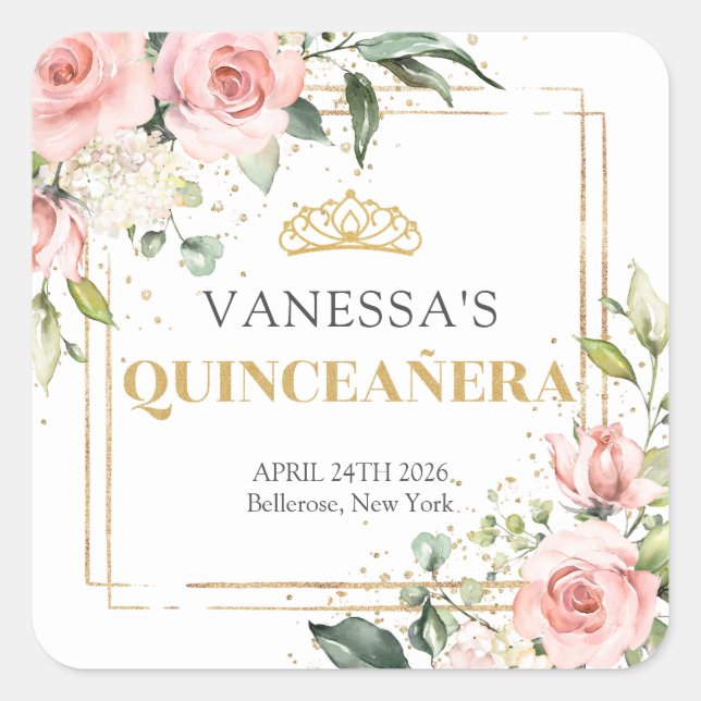 Rustic blush pink roses eucalyptus  Quinceañera Square Sticker (Front)