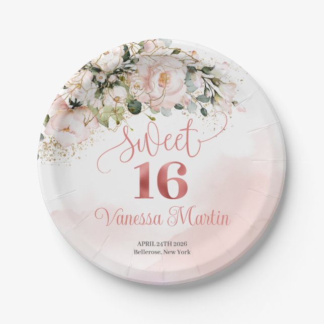 Rustic blush pink roses eucalyptus sweet sixteen paper plate (Front)
