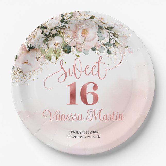Rustic blush pink roses eucalyptus sweet sixteen paper plate (Front)