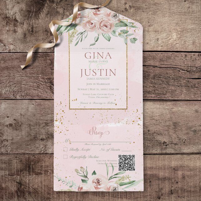 Rustic Blush Pink Roses Gold Accents QR Code All In One Invitation (Rustic Blush Pink Roses Gold Accents All In One Wedding Invitation with QR Code)