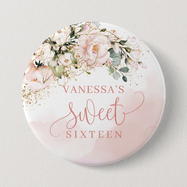 Rustic blush pink roses  greenery gold 16th b-day 3 inch round button (Front)