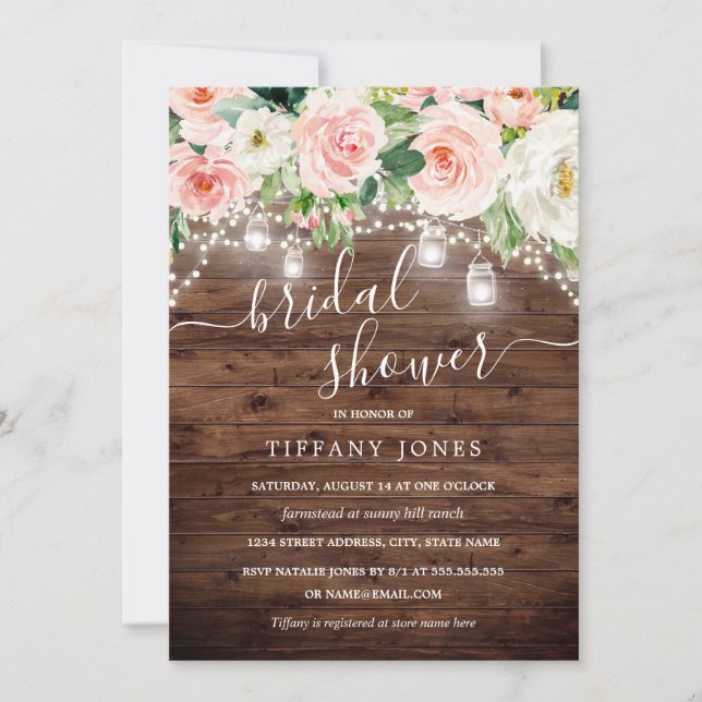 Rustic Blush Pink Sage Floral Lights Bridal Shower Invitation (Front)
