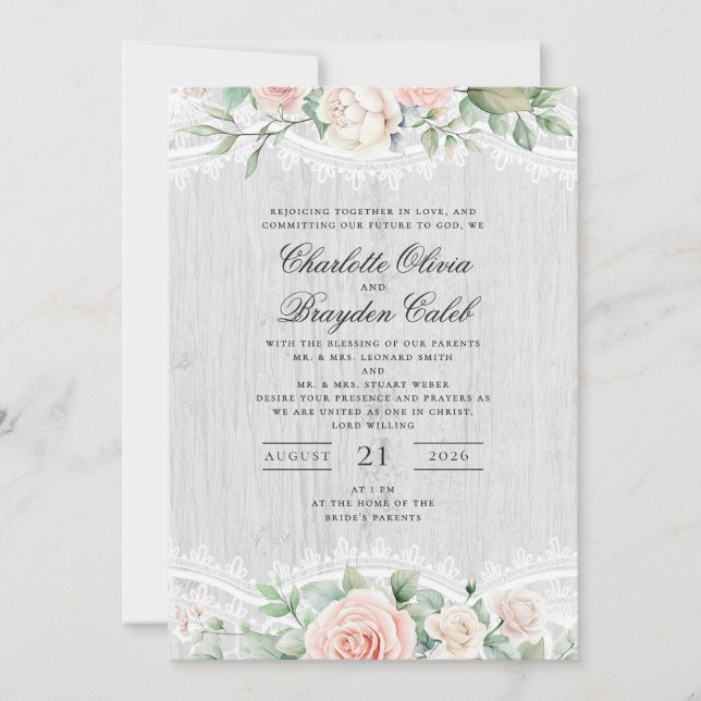Rustic Blush Pink Watercolor Floral Lace Wedding Invitation (Front)